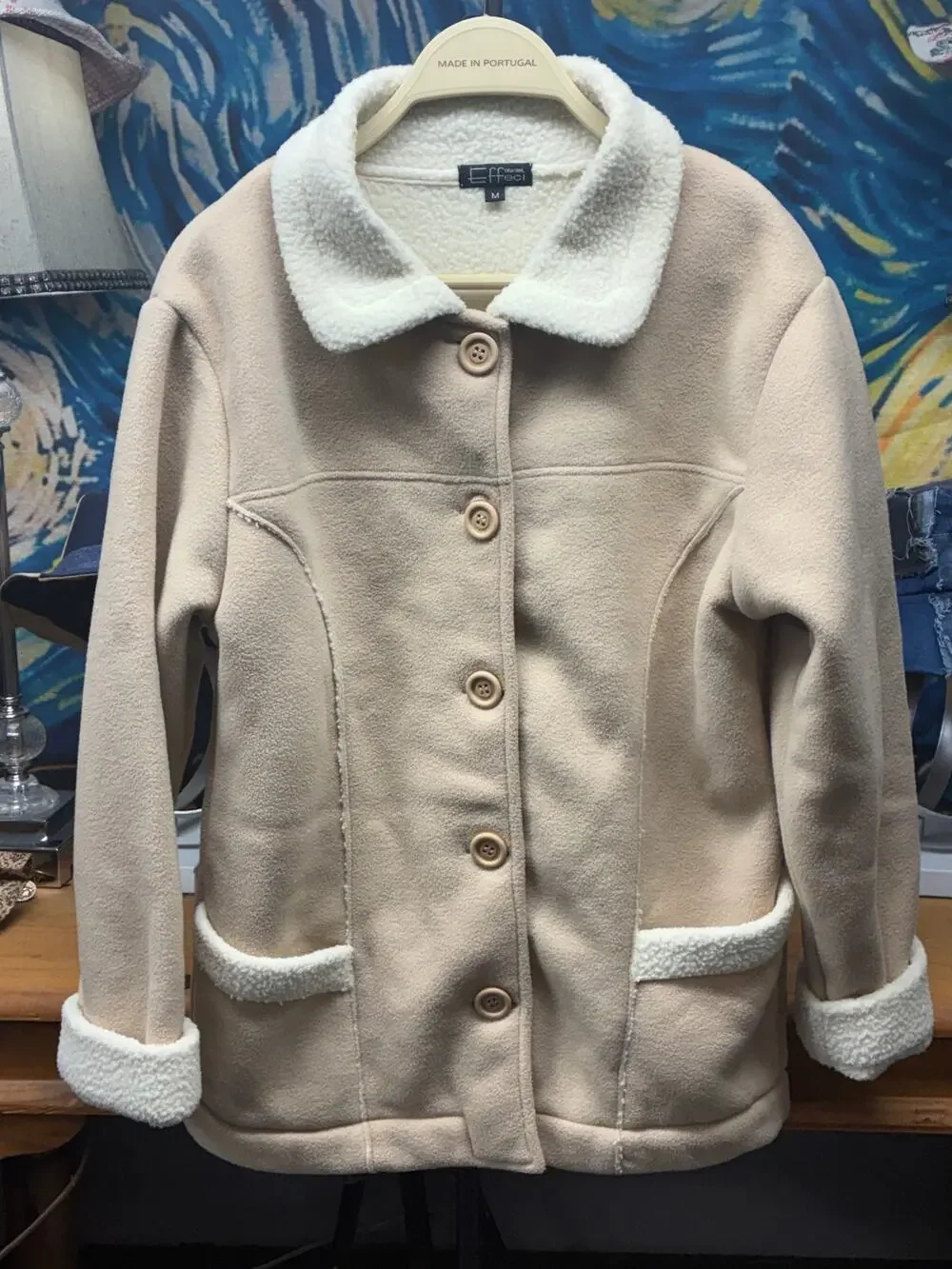 Effeci Collection Sherpa Fleece Jacket Beige Button Front Cozy Winter Coat